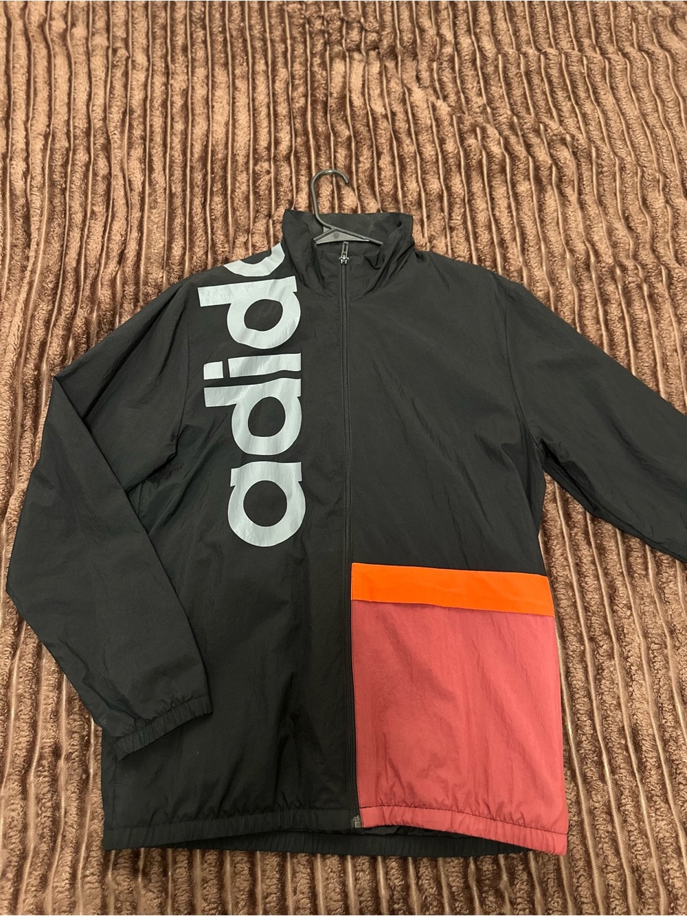 Adidas Men’s Black Windbreaker Jacket with Red & Orange Accent